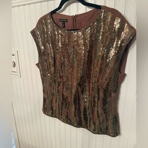 Escada 100% Silk Brown and Gold Sequin Blouse